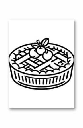 The modern icon outline of an apple pie dessert is depicted in a line style design on a white background, along with fruit cake and cute pastry