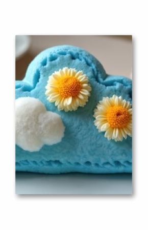 Delicious cloud bread with blue and white colors, decorated with marigold flowers. Roti Awan, trendy viral snack. Concept of sweet food, baking, desserts, confectionery, cake shop.