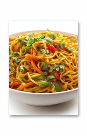 Delicious masala chowmein noodles with colorful vegetables served in a bowl on a white background, perfect for a satisfying meal any time of the day