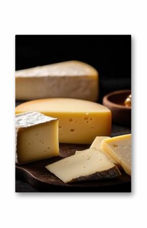 Delicious selection of gourmet cheeses accompanied by honey and fresh grapes on a dark background