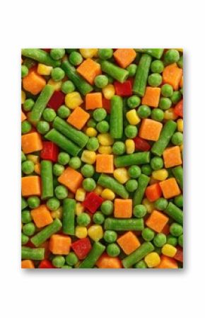 Aerial perspective of mixed frozen vegetables with textured vegetable background