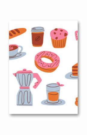 Flat Food And Coffee Icon Illustration. A charming set of flat style food and coffee illustrations including croissant donut espresso coffee maker cake muffin. Perfect for menus and cozy cafe graphics