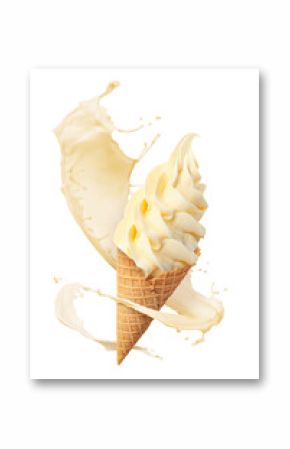 Tasty ice cream in waffle cone and milk splash against white background