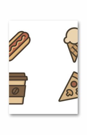 Colorful illustrations of various fast food items and beverages including ice cream, burgers, and pizza