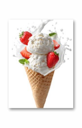 Strawberry ice cream splash in cone on white background. Strawberry ice cream with fresh strawberries splashing in milk. Vivid and fun visual for dessert ads, summer designs, and sweet food promotions