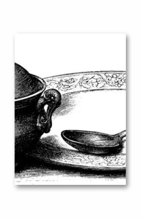 Vintage soup tureen and ladle with porcelain plate sketch for elegant dining design