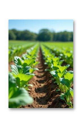 Young sugar beet plants grow in neat rows within fertile agricultural field under clear blue sky. Green leaves sprout from rich brown soil, signifying healthy growth, cultivation. Scene represents