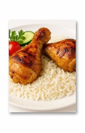 Juicy roasted chicken drumsticks served with steamed rice