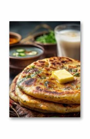 Indian flatbread stuffed with potatoes topped with butter accompanied by sweet lassi chutney and pickle