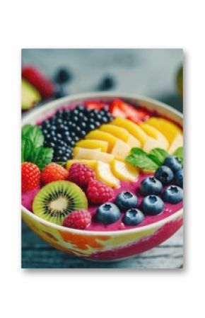 Selective focus of colorful acai bowl with fresh fruits and berries, with empty copy space for text