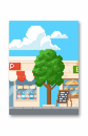 Bakery and shop building on the street vector pixel art, cartoon 8 bit showcase with products assortment on shelves