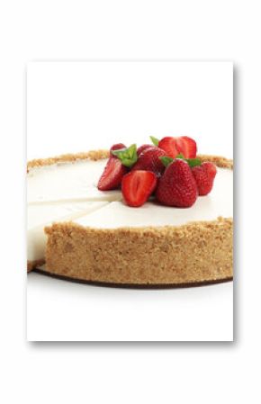 Tasty cheesecake with strawberries and mint isolated on white