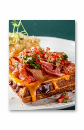 Close-up of a savory waffle topped with melted cheddar, crispy bacon, fresh salsa, served with cheesy fries and microgreens on a white plate.