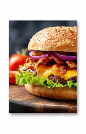 Delicious handcrafted cheeseburger with crispy bacon fresh vegetables and sauce on dark background.