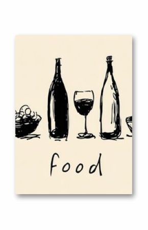 Minimalist Hand Drawn Food Illustration Featuring Wine Basket and Bottle.