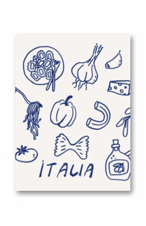 Whimsical Italian food pasta line art sketch set. Coastal mediterranean dinner table party summer hand drawn elements. Wedding coquette vector illustration
