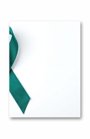 Teal awareness ribbon isolated white. Represents ovarian cancer, PTSD, sexual assault, anxiety disorder, gynecological cancer, food allergies, cervical cancer, PCOS, Tourette syndrome. Hope, support