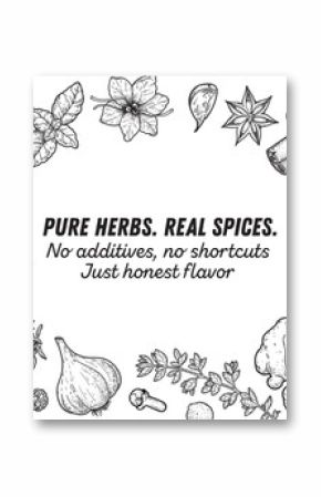 High-quality vector illustration of herbs and spices in vintage engraving style. Intricate black and white hand-drawn elements, ideal for premium packaging, branding, and culinary projects.