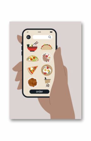 A hand holds a smartphone showcasing a delicious selection of fast food options, featuring tempting chicken wings, pizza, ramen, tacos, and other food ready for a tasty meal to be ordered