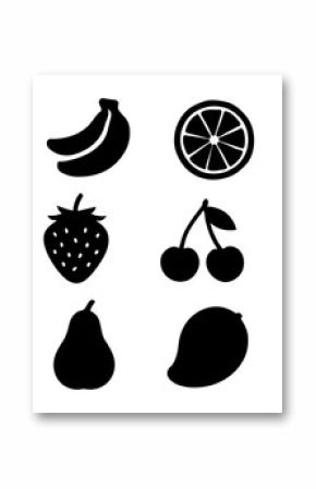 Silhouette fruit icons set: apple, banana, citrus, and more in bold black designs