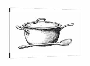 Hand drawn illustration of a cooking pot and spoon.