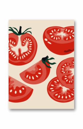 Red tomato set. Ripe tomatoes whole and sliced sections with seeds, cartoon fresh farm garden vegetables, organic vegetarian food product. Vector isolated collection