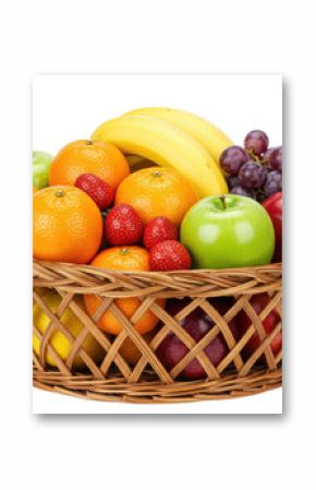 Many different fresh fruits in wicker basket isolated background