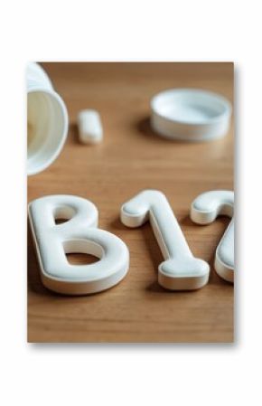 B12 vitamin pills in capsules, bottle with pills on wooden background. Food supplement, dietary nutrition, healthy lifestyle, wellness, treatment of deficiencies, for brain, blood, energy.