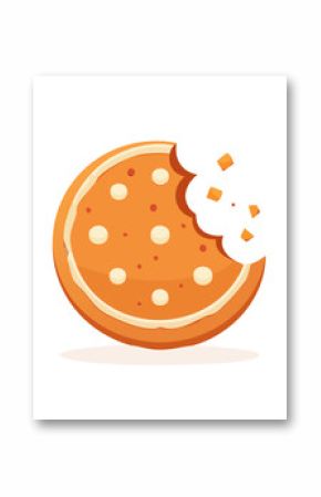 Cartoon bitten cookie with frosting and white dots on a black background delicious dessert snack with crumbs vector illustration