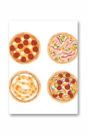 Different pizza set. Italian food, whole circles, top view with cheese, meat, vegetables, mushrooms, pepperoni, tomato on crust. Pizzeria menu. Flat vector illustrations isolated on white background