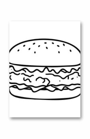 Simple line drawing of a crispy chicken burger with lettuce and cheese. Vector hand-drawn doodle illustration