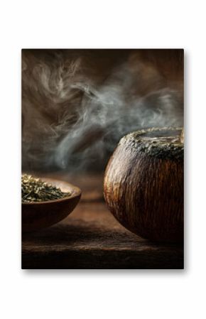 Yerba Mate Preparation: Steaming Hot Water Poured into a Traditional Wooden Gourd