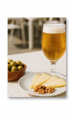 Enjoying a midday meal with a chilled beverage at an open-air cafe, featuring a tapas platter with green olives, Manchego cheese, and nuts