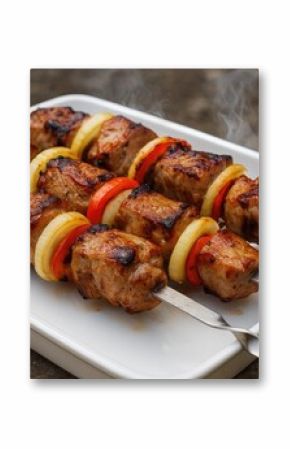 Barbecue featuring skewered meat with vegetables on a serving tray
