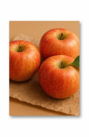 Three Honeycrisp Apples Resting on Eco-Friendly Brown Packing Paper Against a Neutral Background