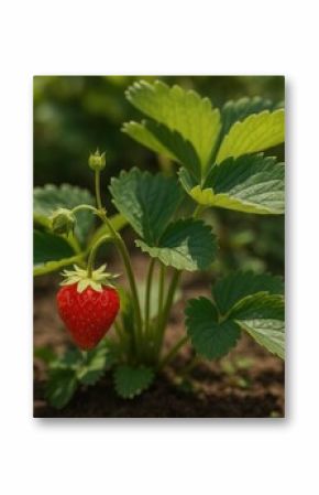 Close-up of a strawberry bush in a backyard setting with blurred background