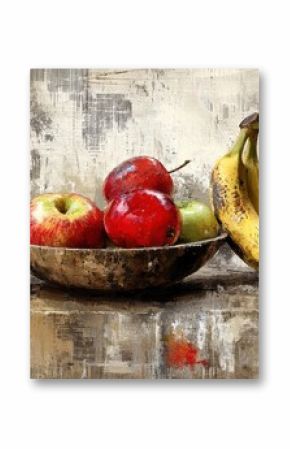 A rustic still life painting of apples and bananas in a bowl with textured, earthy background and abstract brushstrokes.