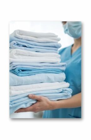 Nurse in blue uniform folds stack of white towels with precise creases. Hospital staff maintains hygiene, cleanliness and professionalism. Medical pro handles linen with care.