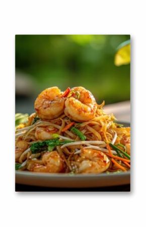 Delicious shrimp and vegetable stir-fry with noodles served on a white plate with lime and a glass of iced tea on a wooden table in a lush outdoor setting