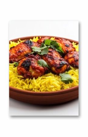 One dish of indian tandoori chicken with yellow Basmati rice food clay traditional.