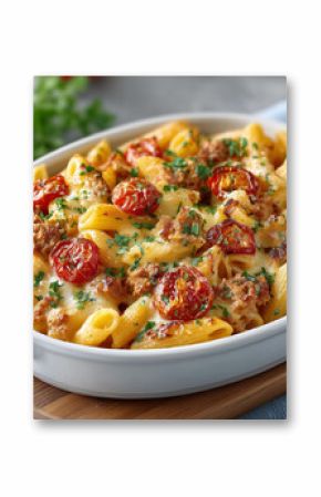 A white bowl of pasta with meat and cheese