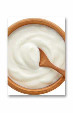 A topdown view of a wooden bowl filled with creamy white yogurt and a wooden spoon, isolated on a transparent background