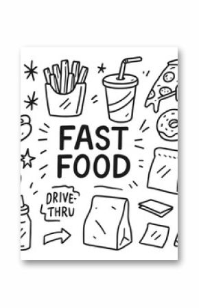 Doodle fast food icons featuring pizza, burgers, and soda