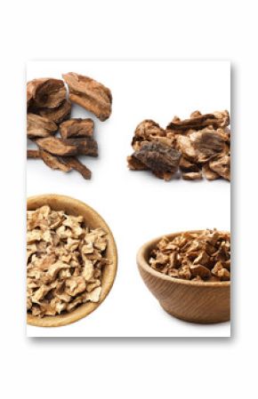 Chicory. Dry pieces of root isolated on white, set