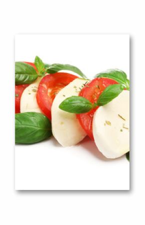 Tasty salad Caprese with mozzarella, tomatoes, basil and spices isolated on white