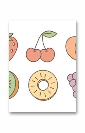 Colorful minimalist fruits: cherry, peach, kiwi, pineapple, grape, strawberry