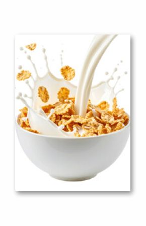 A white bowl filled with cornflakes with milk splashing and pouring into the cereal isolated on transparent background. PNG die-cut for advertising