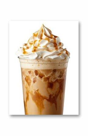 Creamy caramel latte beverage crowned with whipped cream, rich caramel drizzle. Indulgent cold coffee drink features layers of smooth coffee, milk, sweet caramel syrup swirled together in clear cup,