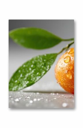 Orange fraiche avec gouttes d'eau et feuilles vertes sur fond blanc
