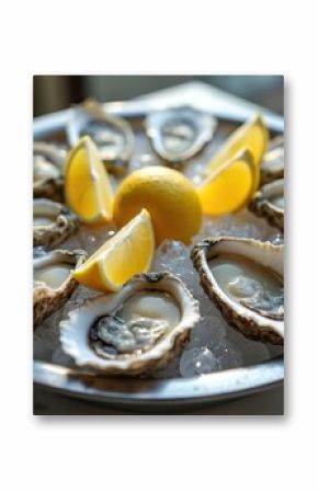 Freshly shucked oysters arranged on silver platter with ice, lemon slices. Luxurious seafood presentation perfect for elegant dining, celebrations, culinary experiences. Offers delicious, healthy,